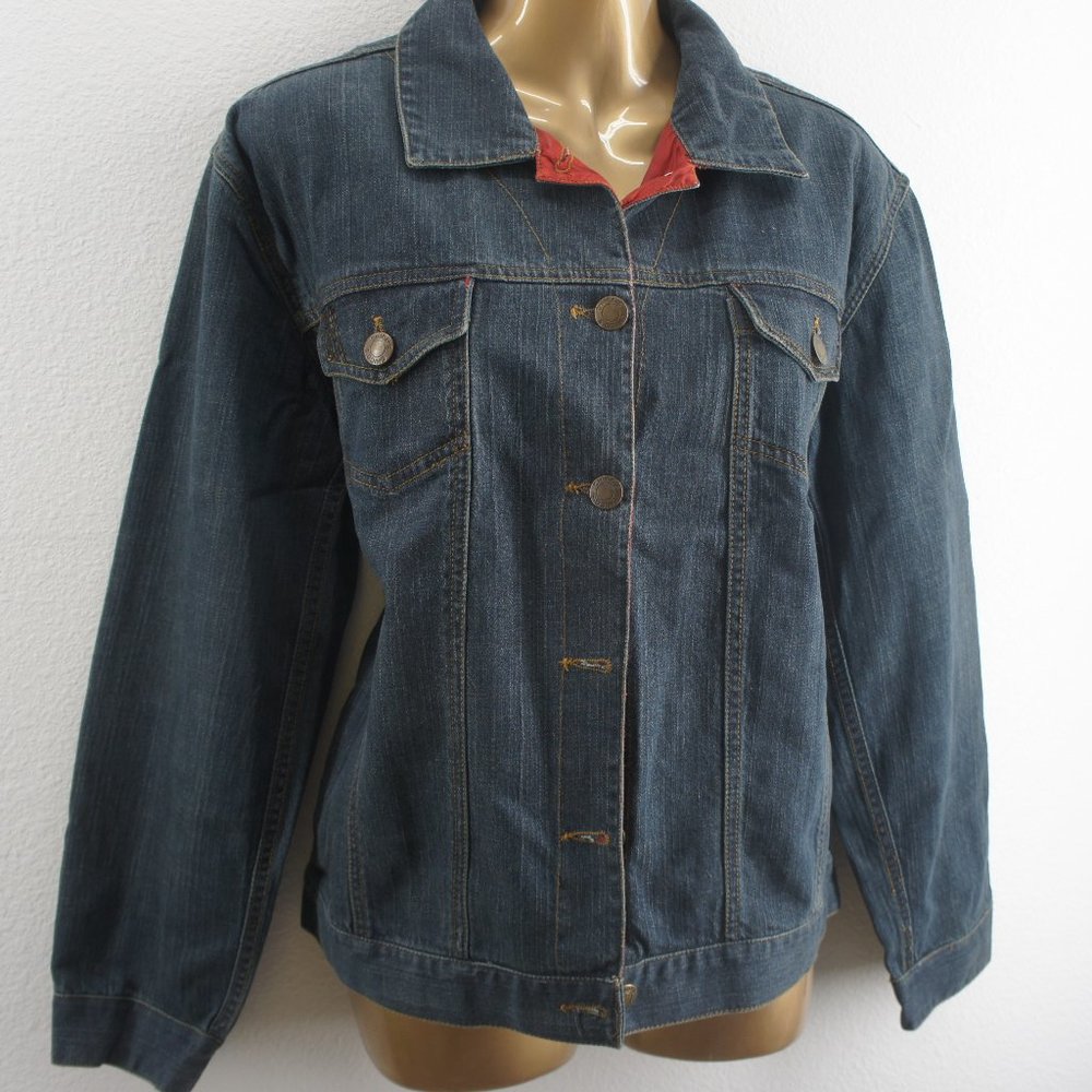 Chicos denim sequin embroidered back jean jacket size 1